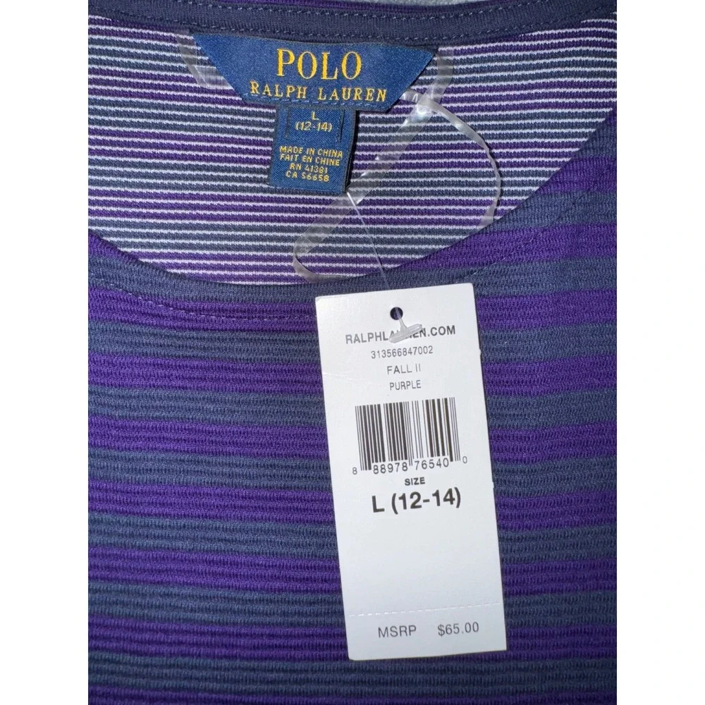 Polo Ralph Lauren Girls Purple Striped Short Sleeve Pleated Dress Sz L 12 14 NEW